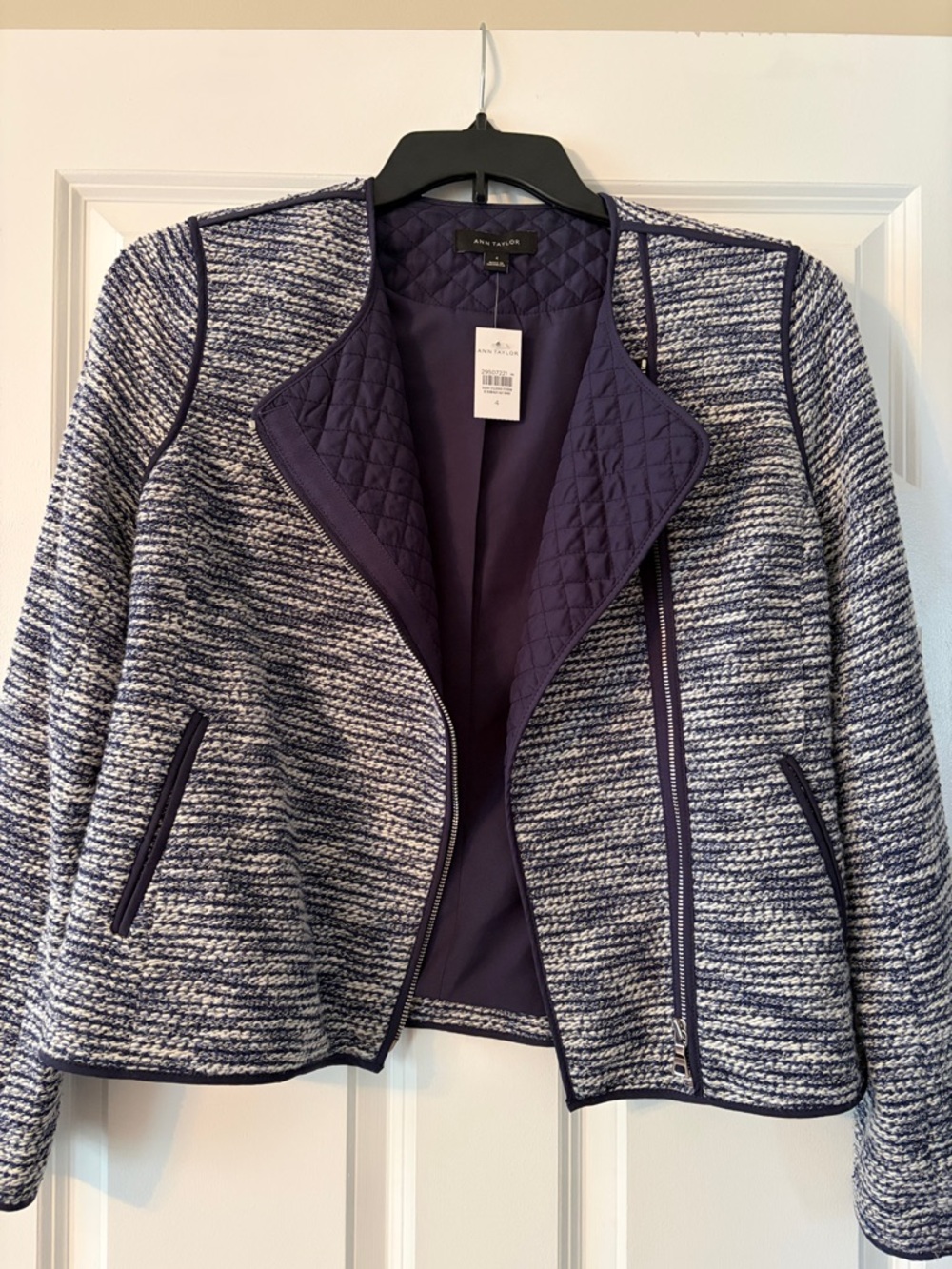 Ann Taylor Navy & White Textured Zip-Front Blazer